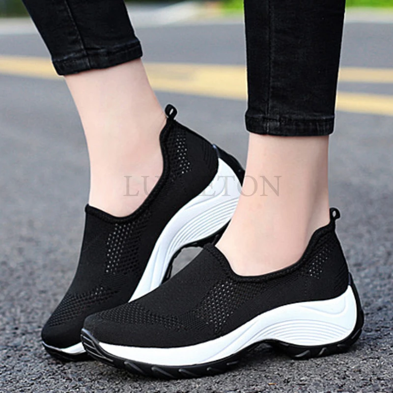 Women Walking Shoes Summer Solid Color Mesh Breathable Wedges Sneakers Outdoor Plus  Size  Slip  on  Loafers Zapatos Para  Mujer