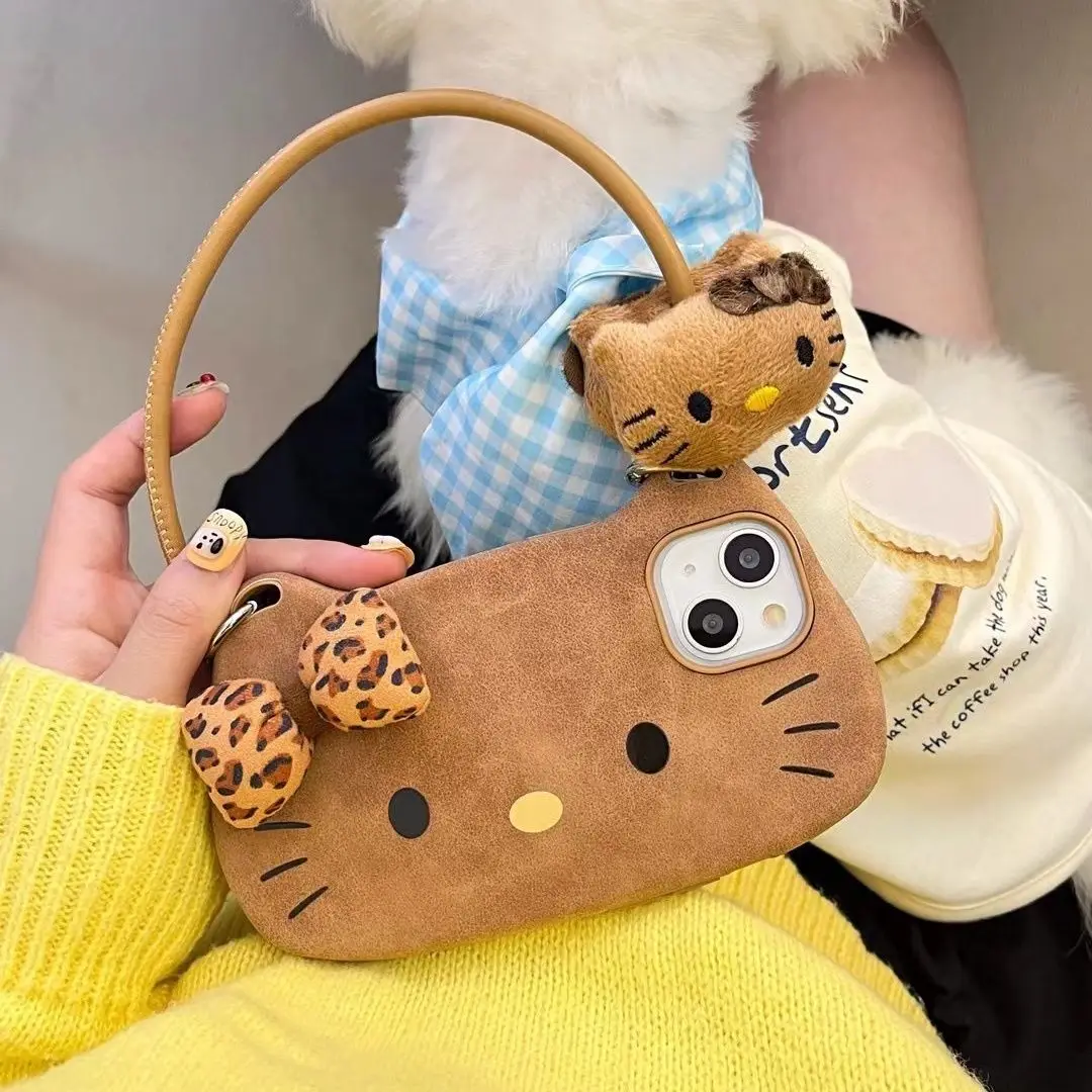 ليوبارد طباعة القوس مرحبا كيتي الجلود يده جراب هاتف آيفون 16 برو ماكس 15 برو 14 التغطية الكاملة الهاتف الغطاء الواقي