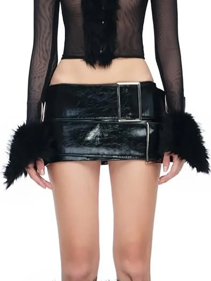 Women's Black Gothic Emo Leather Skirt Vintage Low Rise Mini Skirt Harajuku Korean Style Y2k Micro Skirts 2000s Clothes Summer