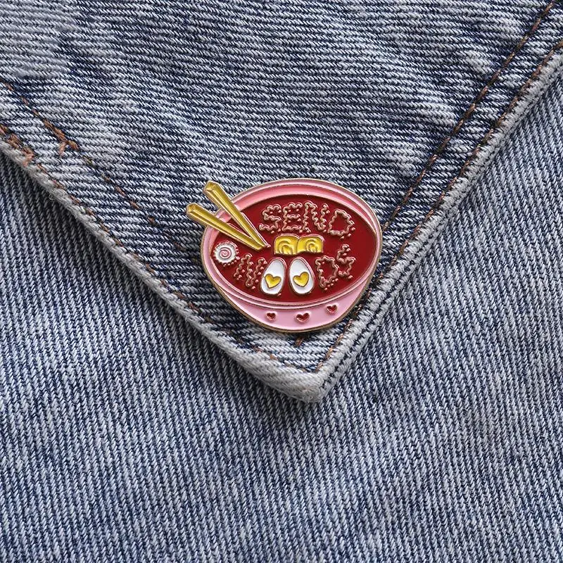 Eggs Ramen Enamel Pin Pink Bowl Noodles Badge Custom Brooches Bag Clothes Lapel pin Cartoon Food Jewelry Gift for Kids Friends