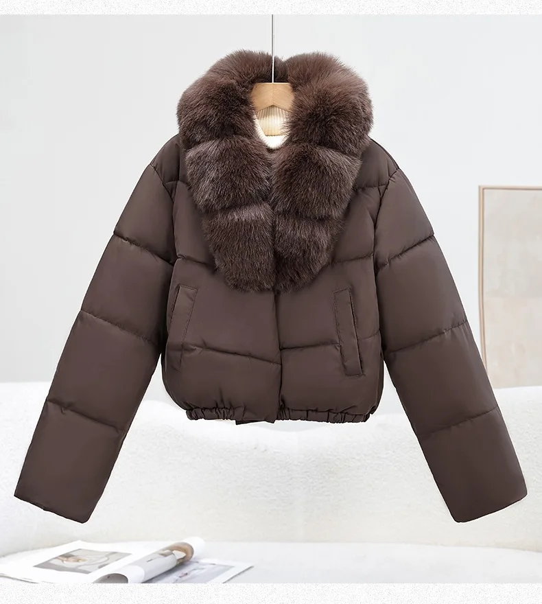 Korean Trend 2026 Winter New Women's Solid Color Short Down Cotton Jacket Simple V-neck Fashion Loose Fur Collar Jacket