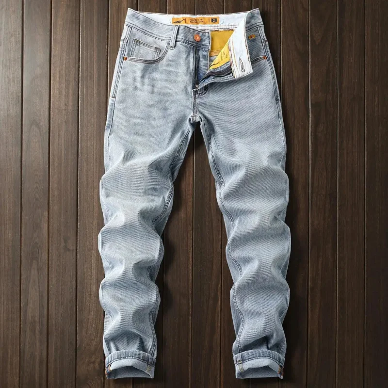 2026 New Spring Summer American Vintage Style Straight Jeans For Men High Quality Light Blue Slim Fit Fashionable Concise Style