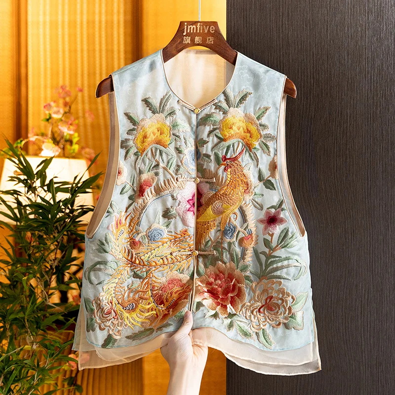 New Chinese-Style National Style Heavy Embroidery Silk Vest for Women, 2026 Autumn New Model, High-End Elegant Loose-Fitting Top for Women