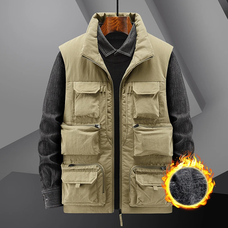 

Winter Men Sleeveless Jacket Fleece Lined Work Vest Male Multi Zipper Many Pocket Outdoor Tactical Fishing Travel Hiking Camping