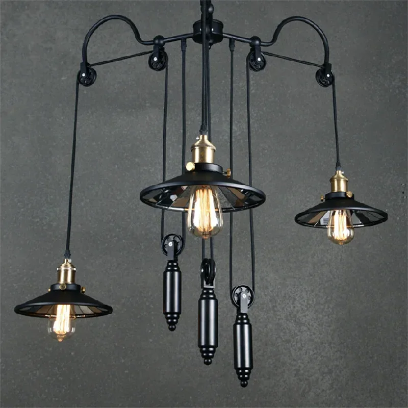 Loft Vintage Pendant Lights Iron Pulley Lamp Bar Kitchen Home Decoration E27 Light Fixtures Free Shipping