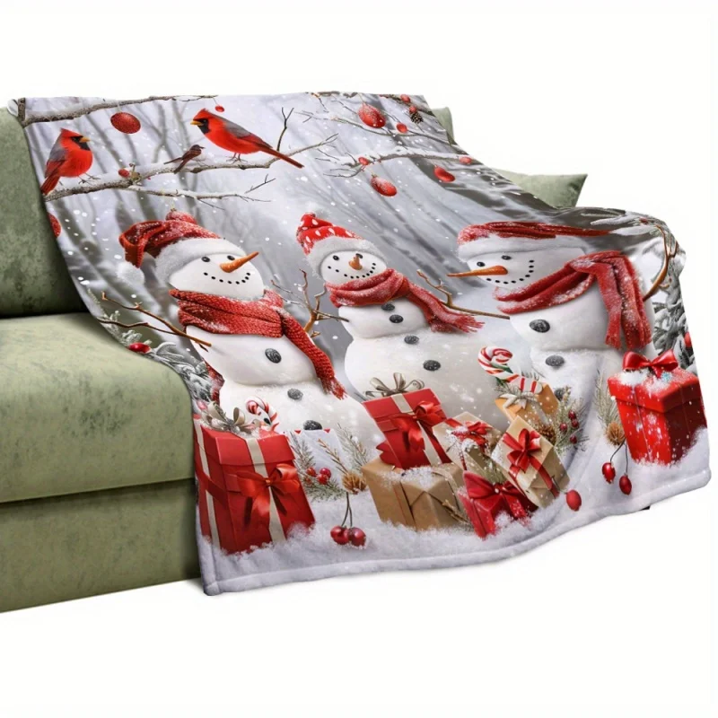 Snowman Red Bird Gift Box Christmas Throw Blanket, Soft Warm Sofa Bed Cover, Winter Holiday Home Decoration