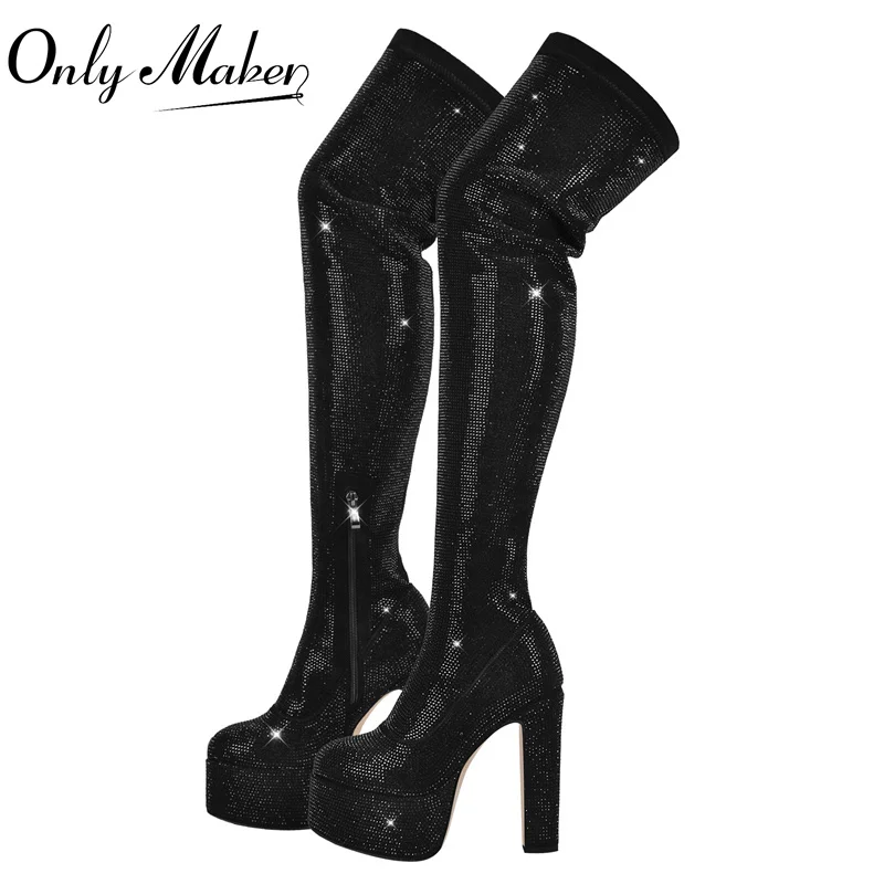 Onlymaker Women Platform Over The Knee Boots  Black Rhinestone Thick High Heels Side Zipper Punk Style RoundToe Party Boots