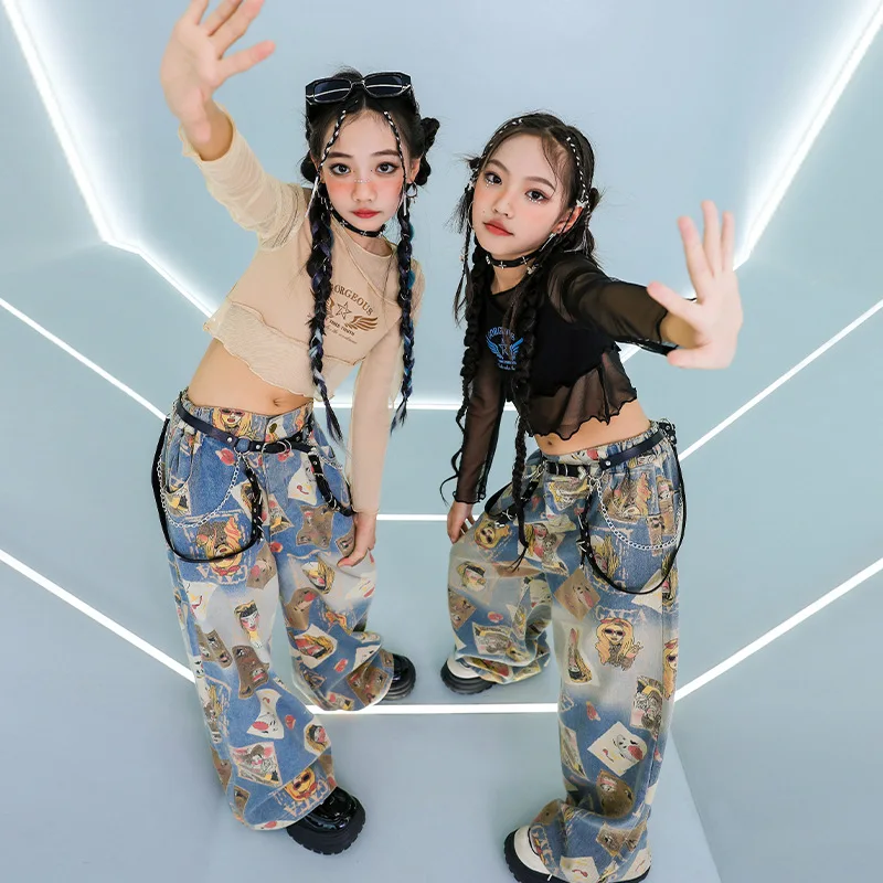 Hip Hop Kids Mesh Crop Top Street Dance Denim Pants Girls Hot Jeans Streetwear Children Jazz Costume Stage Show Clothes Sets