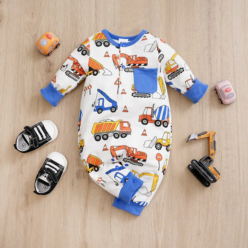 0-36M Fashionable Spring and Autumn Newborn Long sleeved jumpsuit full print engineering car cotton baby boys and girls