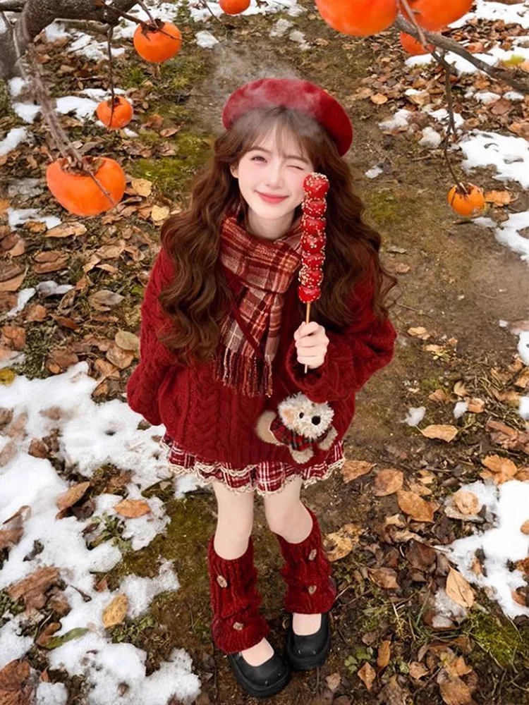 

Christmas New Year College Style Women's Knitted Sweater Skirt Set Red Twist Knit Sweater Winter Plaid Skirt Two Piece Set