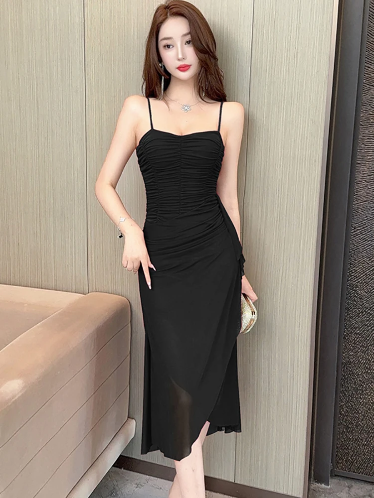 2025 Red Mesh Pleated Bodycon Sling Sexy Long Dress Summer Elegant Casual Ruffled Prom Dresss Women Korean Vintage Evening Dress