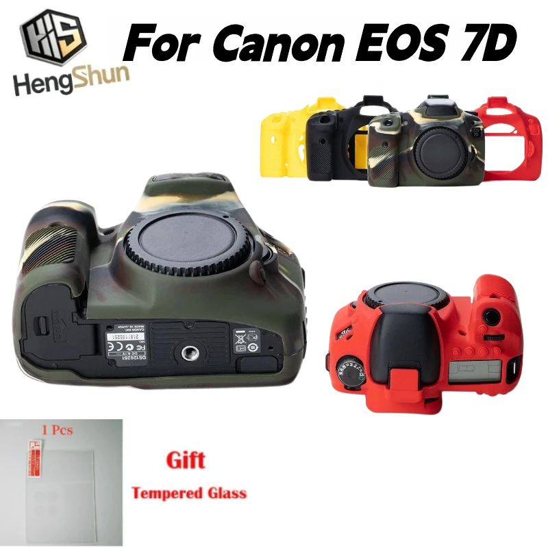 For Canon EOS 7D Silicone Rubber Camera Skin Anti‑Scratch Shock‑Resistant Protective Shell Cover+ 1 PCS Free Tempered Glass Film