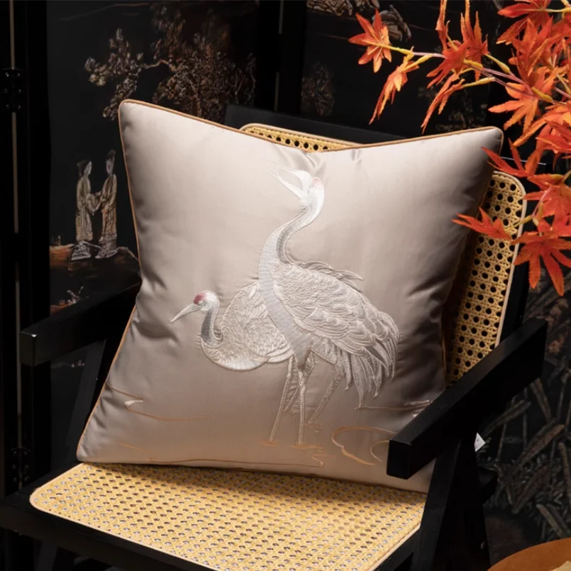 High-end Embroidered Silk-like Birds Square Home Sofa Decorative Crane Pillow Case 4 Colors No Insert