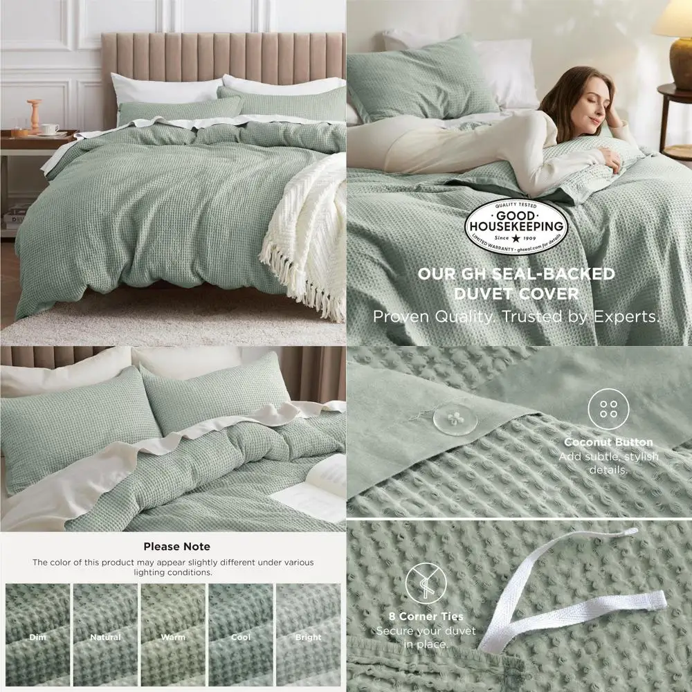

Cotton Waffle Weave Duvet Cover King Size - 100% Cotton Sage Green, GentleSoft and Breathable Bedding for Comfortable Sleep