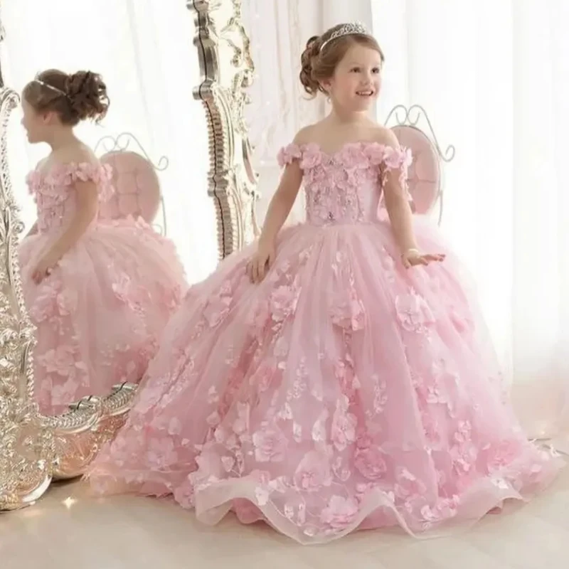 Pink Flower Girl Vestidos com Tailing, Tule, Sem Mangas, Casamento, Aniversário, Banquete, Vestidos de Princesa