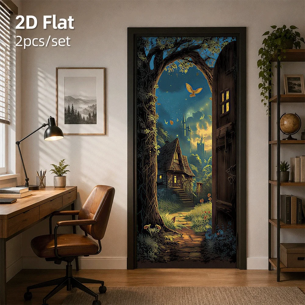 1 piece of fantasy forest castle door sticker, night sky bird decoration sticker, self-adhesive, removable 2D flat