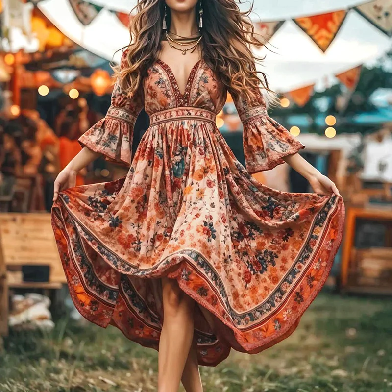 

Luxury Elegant Bohemian Women's Long Dress Flower Print Pattern Sexy V Neck Flare Sleeve Woman's Long Dress for Summer 2025
