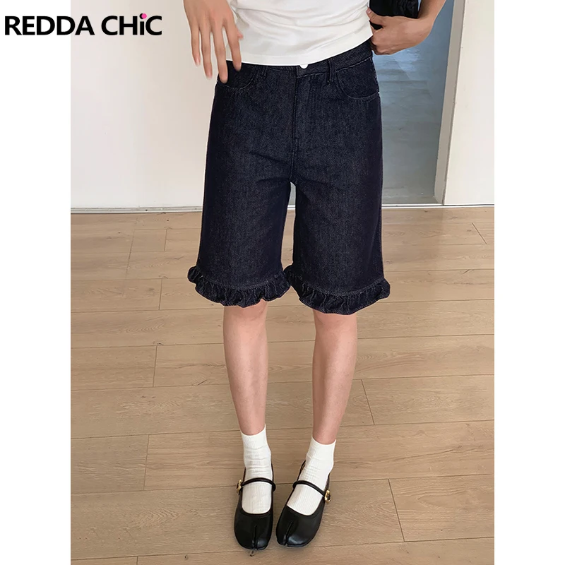 

ReddaChic Summer Patchwork Ruffle Baggy Jeans Jorts Women Solid Frilly Washed High Waist Wide Leg Denim Shorts Korean Clothes