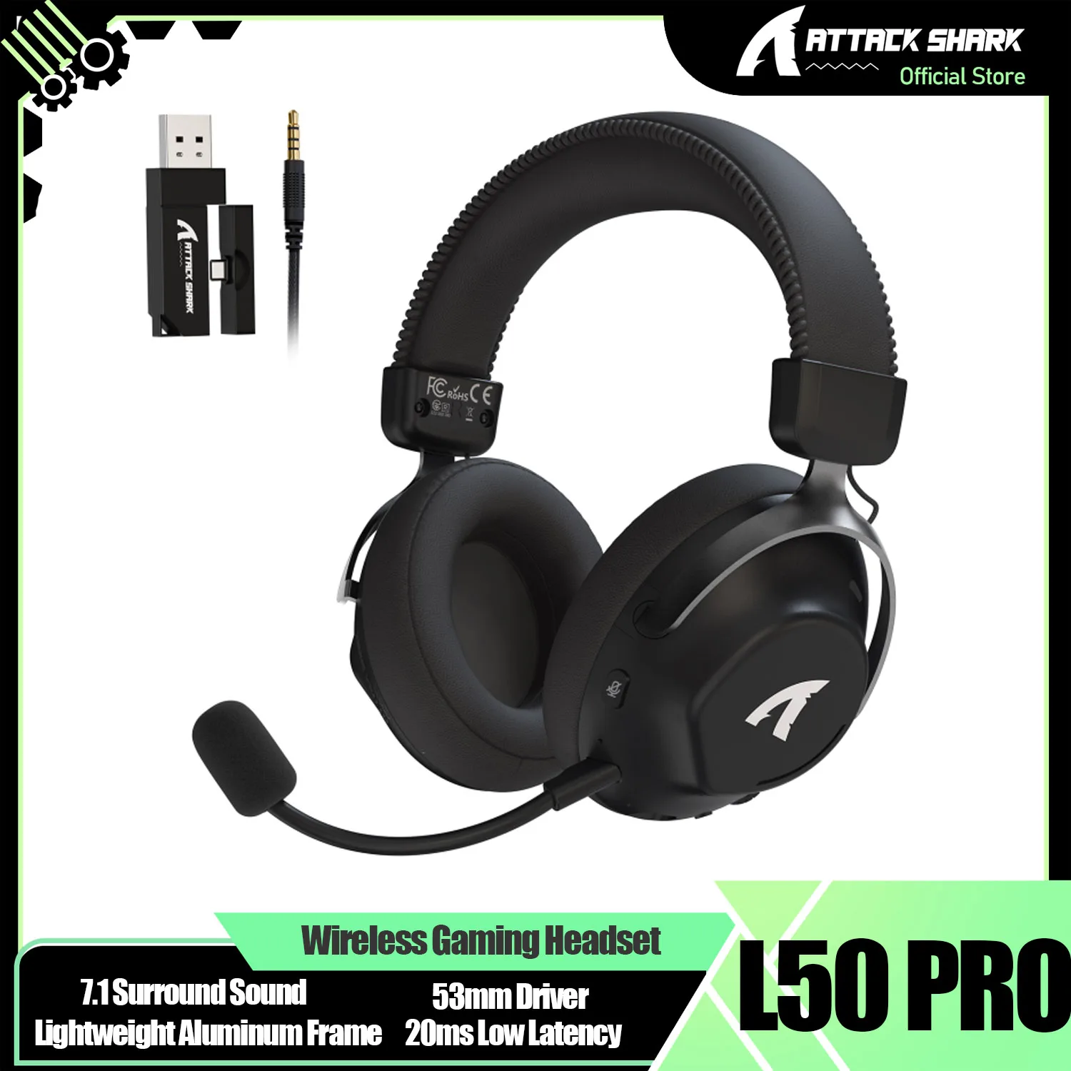 ATTACK SHARK L50PRO Gaming Headset, 3-Mode, 20ms Low Latency, Detachable Noise Cancelling Mic, 53mm Driver, 7.1 Surround Sound