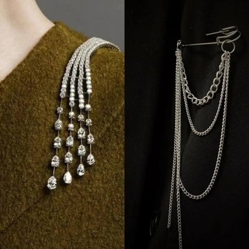 

**1PC Exquisite Crystal Meteor Long Tassel Brooch Pin For Women Fashion Shoulder Chain Jewelry Party Gifts