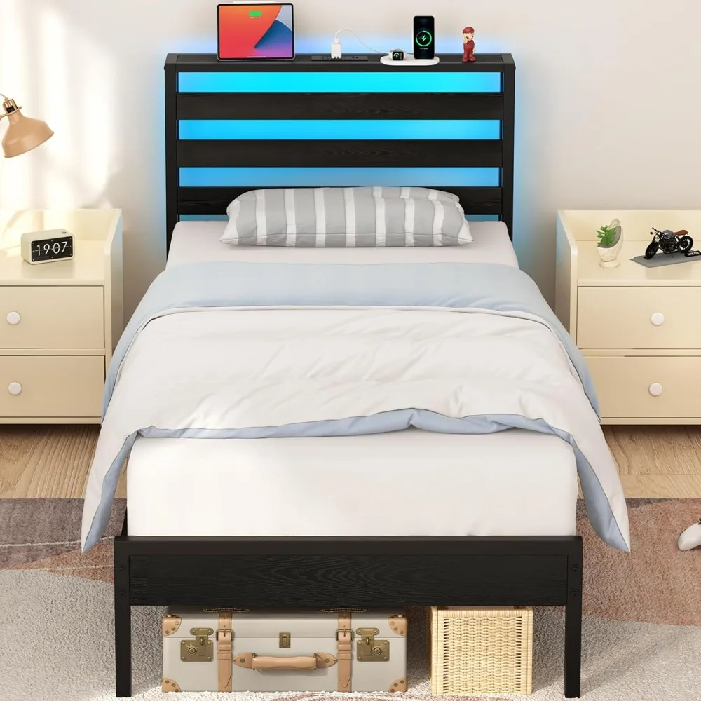 

Twin Bed Frames, Twin Bed Frame with Headboard and LED Lights, Beds with Charging Station, Wood Twins Bedframe for Kids,