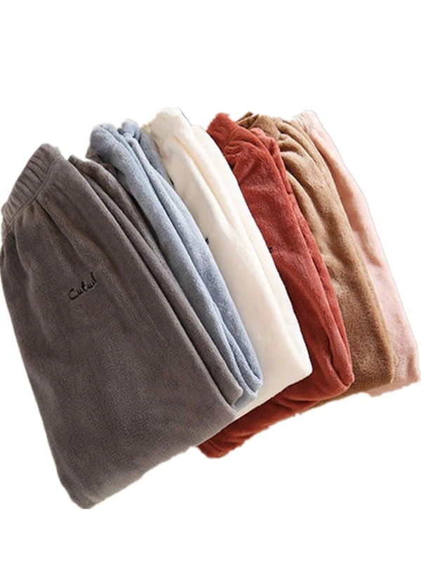 Women's Comfortable Coral Fce Warm Pants Home Leisure Pants High Waist Nine Points Polyester Fabric Thiened Fce Pants