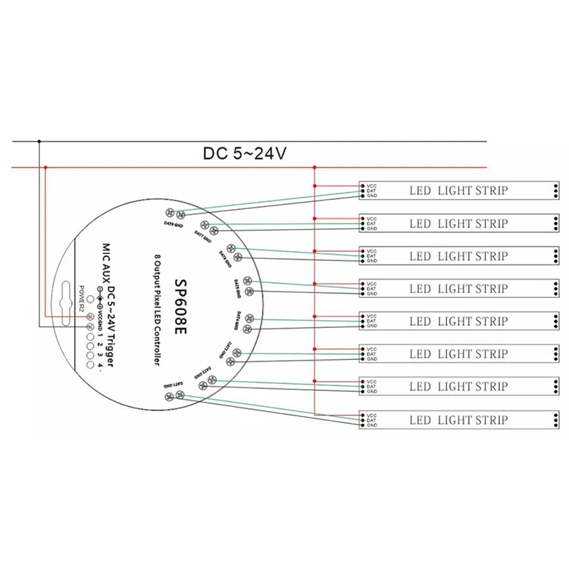 

N06R SP608E WS2812B Music Controller 8 CH Signal Output WS2811 WS2815 LED Light Strip Built in Mic IOS Android Bluetooth App