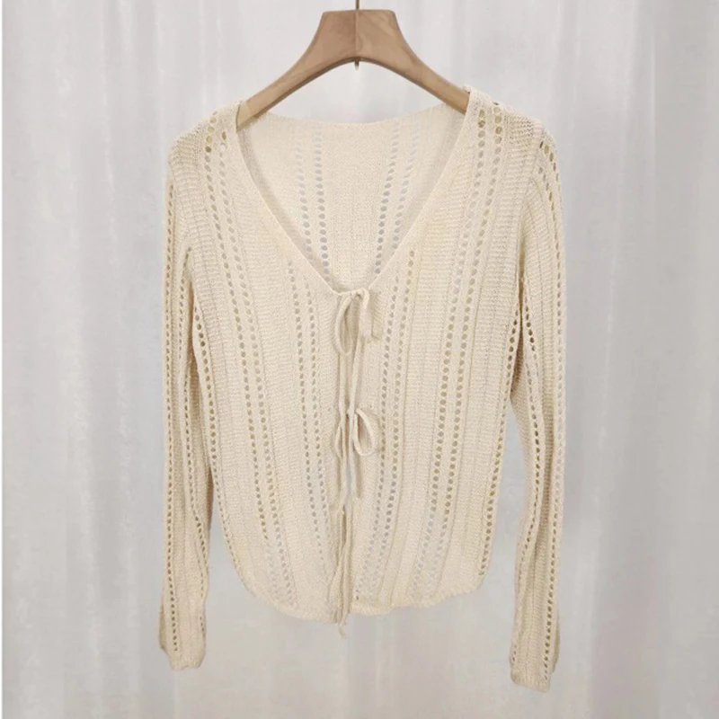 Long Sleeve Crochet Tie Front Top Women Sheer Open-knit Cardigan Sweater Summer Cover Up Fairycore Outfit