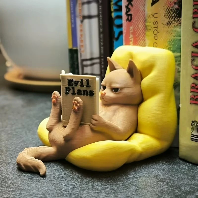 Reading Cat Figurine Absorbed in Literature Minimalist Matte Printed Charming Statue for Bookshelf Shelfie Library Decor