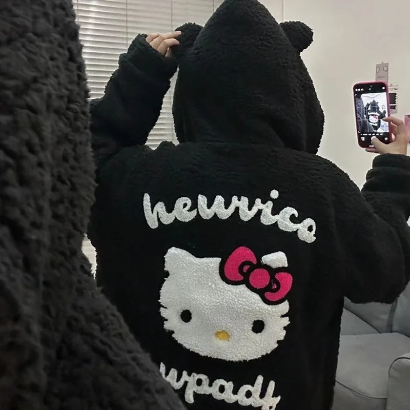 Cute Embroidered Hello Kitty Zipper Coat for Women Y2k Autumn and Winter Faux-cashmere Hooded Jacket Cardigan with Thick Fleece