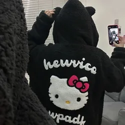 Cute Embroidered Hello Kitty Zipper Coat for Women Y2k Autumn and Winter Faux-cashmere Hooded Jacket Cardigan with Thick Fleece