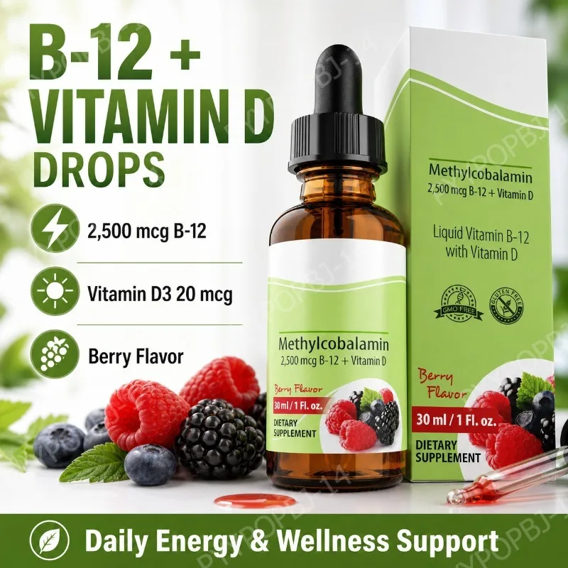 B12 Vitamins with Vitamin D Methylcobalamin 2500 mcg B12 Sublingual Drops for Metabolism Energy Immune Support Berry Flavor 30ml