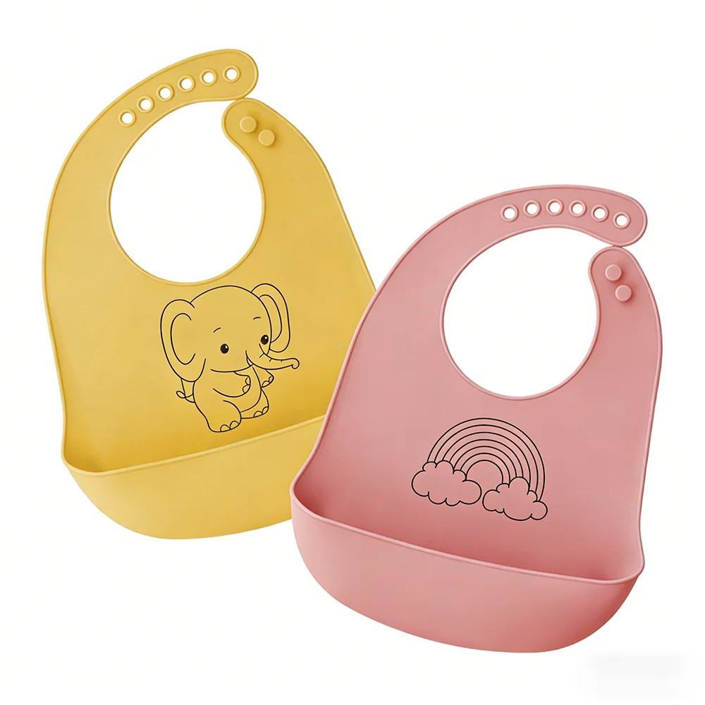 2pcs per Set Cartoon Cute Animal Silicone Baby Bibs Silicon Newborn Bib Feeding Burp Cloth Soft Tableware