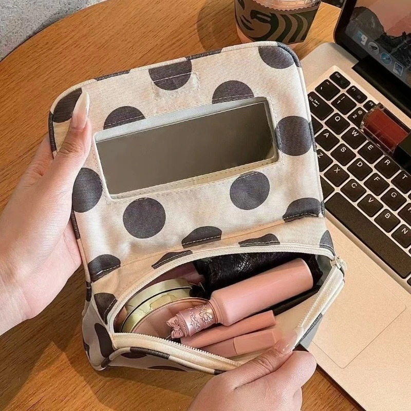Large Polka Dot Cosmetic Bag Niche Large Capacity Makeup Storage Pouch Portable Travel Organizer Bag With Mirror For Women
