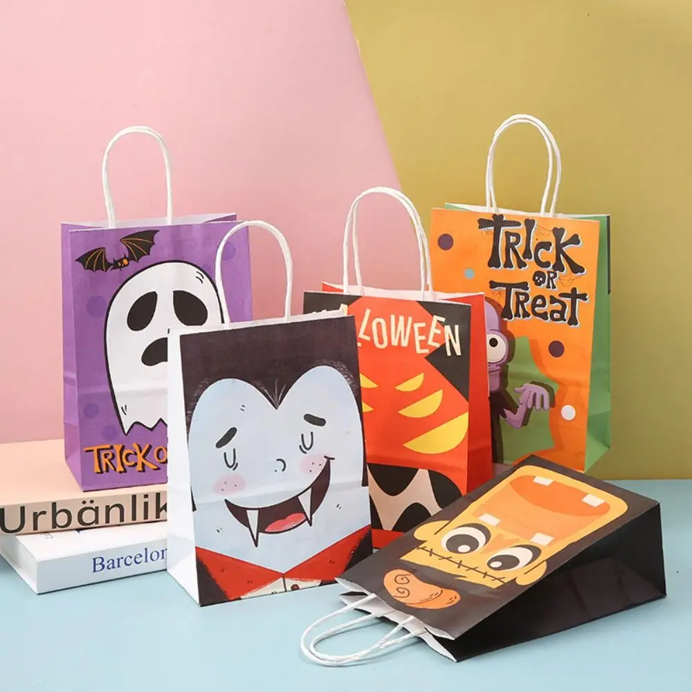 Halloween Kraft Paper Bag Treat Bags Pumpkin Ghost Bat Cat Pattern Totes Bag Trick or Treat Halloween Party Favor