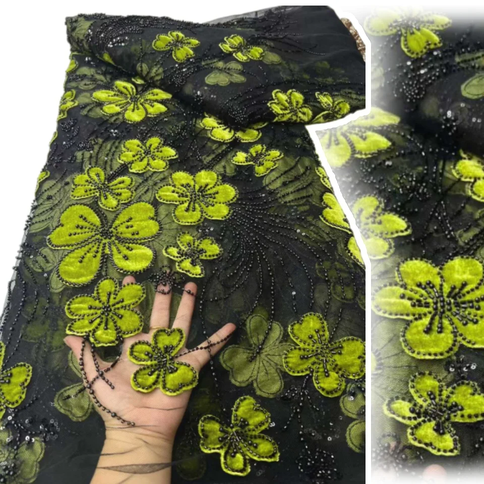 

African Lace Fabric 2025 High Qulity Beads Sequins Embroidery Velvet Fabric Fall and Winter for Women Evening Party Dress A1699