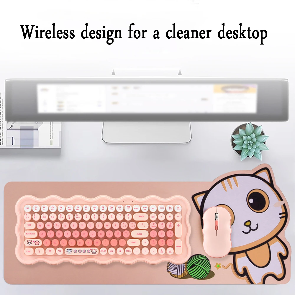 NEW 98 key Cat Wireless keyboard and mouse set cartoon Colorful Cute Girl Wireless Office Gaming Keyboard Mouse Round keycap