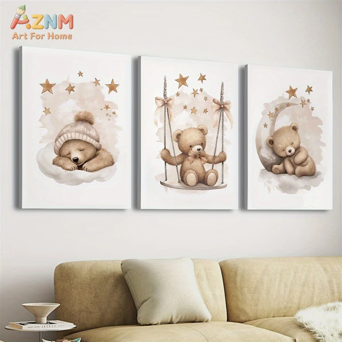 AZNM Watercolor Cute Sleeping Teddy Bear Swing Moon Star Canvas Wall Art, Nursery Boho Bear Print Poster, Unframed Single Piece