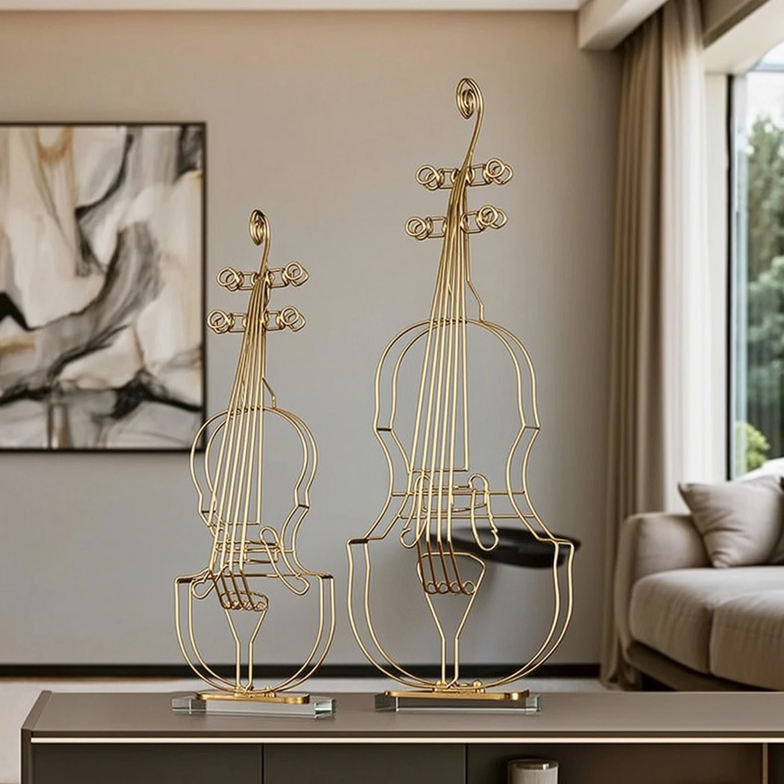 2 Pieces Violin Statue with Crystal Base Modern Violin Ornament Sculpture Geometric Decor Compact for Music Lovers, Living Room