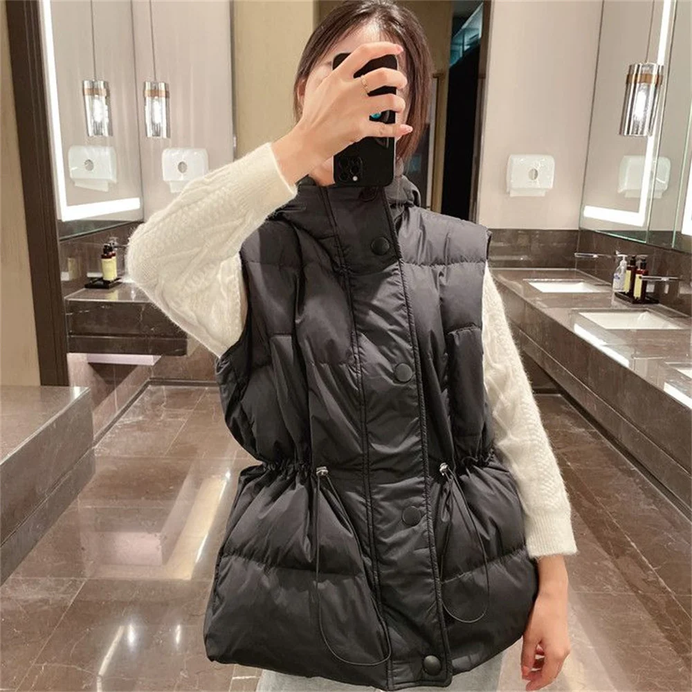2026 Cotton Padded Puffer Coat Windproof Warm Waistcoat New Autumn Winter Women Vest Drawstring Stand Collar Long Vest