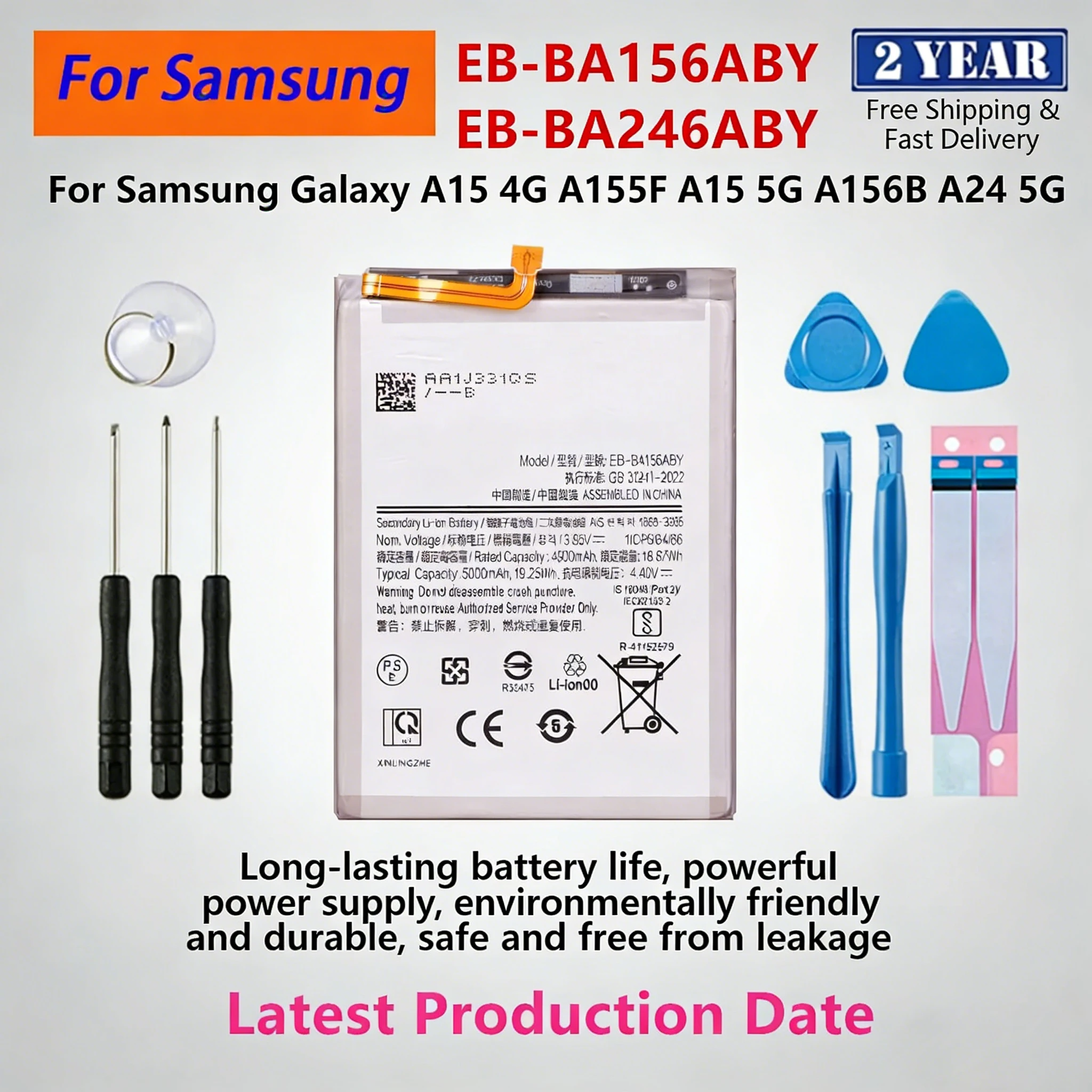 

EB-BA156ABY EB-BA246ABY Battery for Samsung Galaxy A15 4G A155F / A15 5G A156B / A24 5G Replacement Batteries + Repair Tools