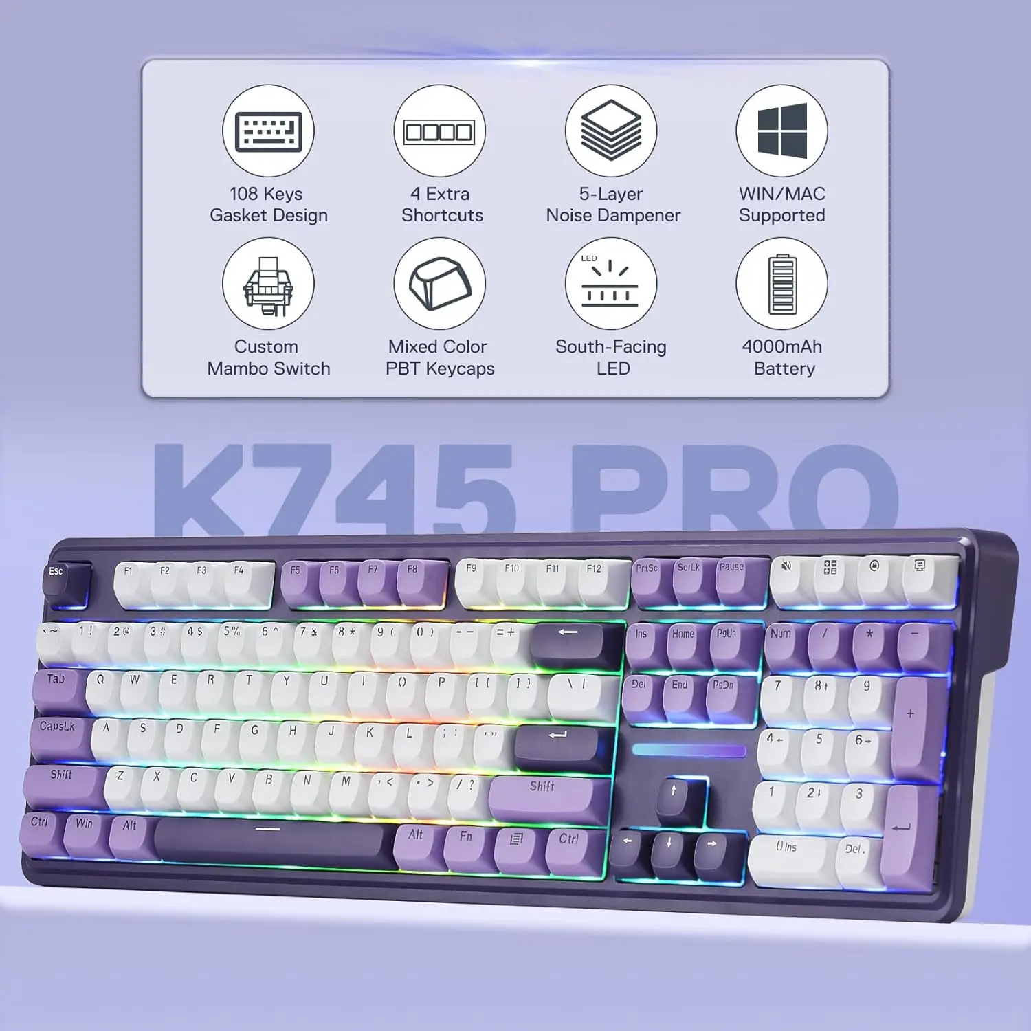 Redragon K745 PRO Wireless Gasket RGB 108 Keys Mechanical Gaming Keyboardw/Extra 4 Hotkeys, Hot-Swap Socket