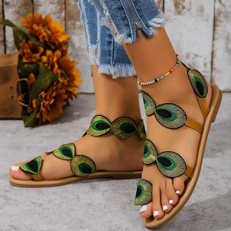 Women\'s Sandals Summer New Flat Round Head Set Toe Hollow Peacock Feather Slippers Casual Lightweight Comfortable Sandals