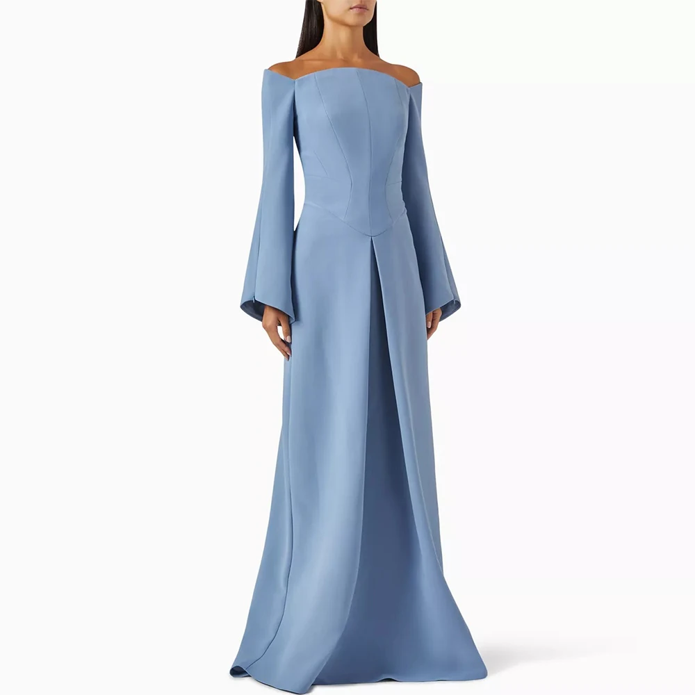 Formal Party Dresses for Women 2024 Sky Blue A-line Off-the-shoulder Floor Evening Gown Long Sleeves Length Modern Evening Dress