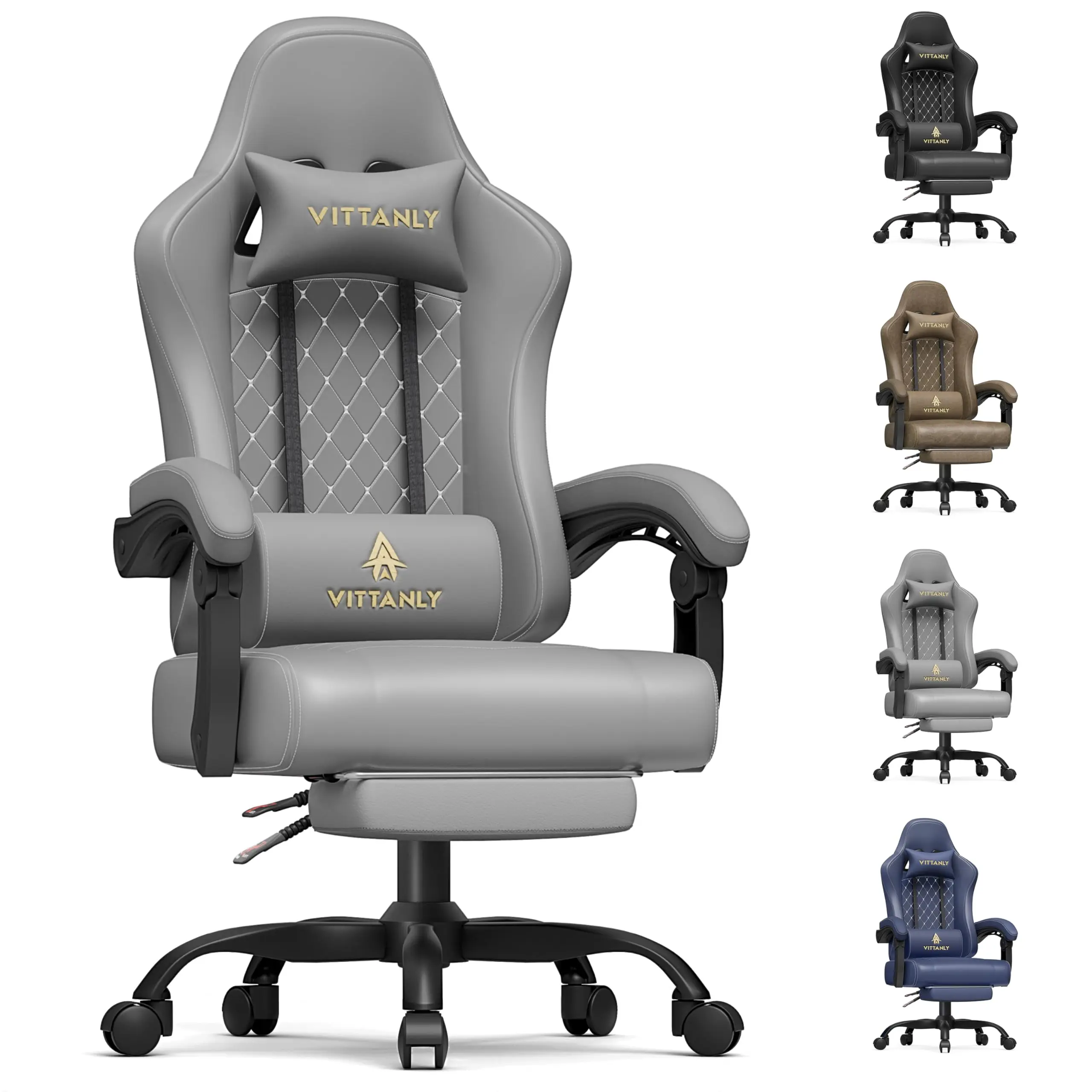 Vittanly Gaming-Stuhl Ergonomischer Gaming-Stuhl mit Kopfstütze, Lendenkissen und Fußstütze, höhenverstellbarer drehbarer Bürostuhl
