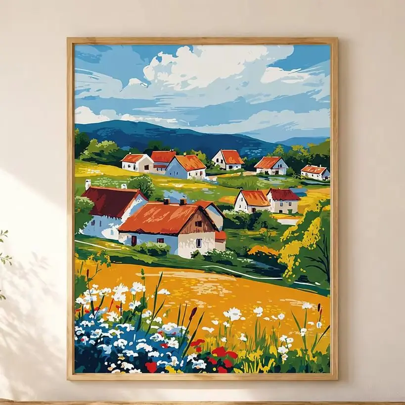 Hlebine Village Art Print,Pastoral Landscape,Rural Scene,Canvas Wall Print,High‑Grade Home Decoration Artwork for Bedroom,Living