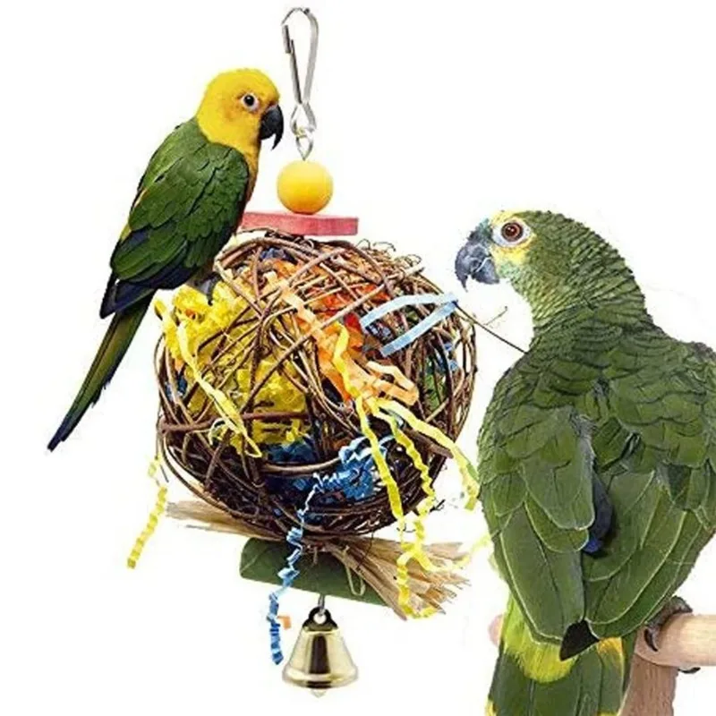 

Hanging Rattan Ball Bird Bite Chewing Toy with Bells, Parrot Shredder, Bird Cage Accessories, Bird Cage, New, 2022