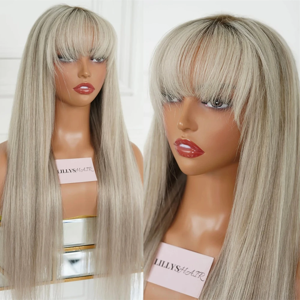 

Парик с челкой платинового цвета, синтетические прямые волосы с темными корнями, с эффектом мелирования, парик с кружевной передней частью для женщин, термостойкий волоконный материал, челка