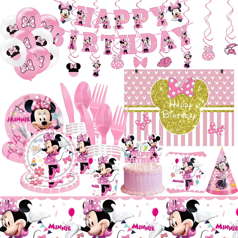 Minnie Mouse Birthday Party Decorations Supplies Fink Disposable Tableware Card Gif Bag Foil Balloon Backdrop Decor Baby Shower