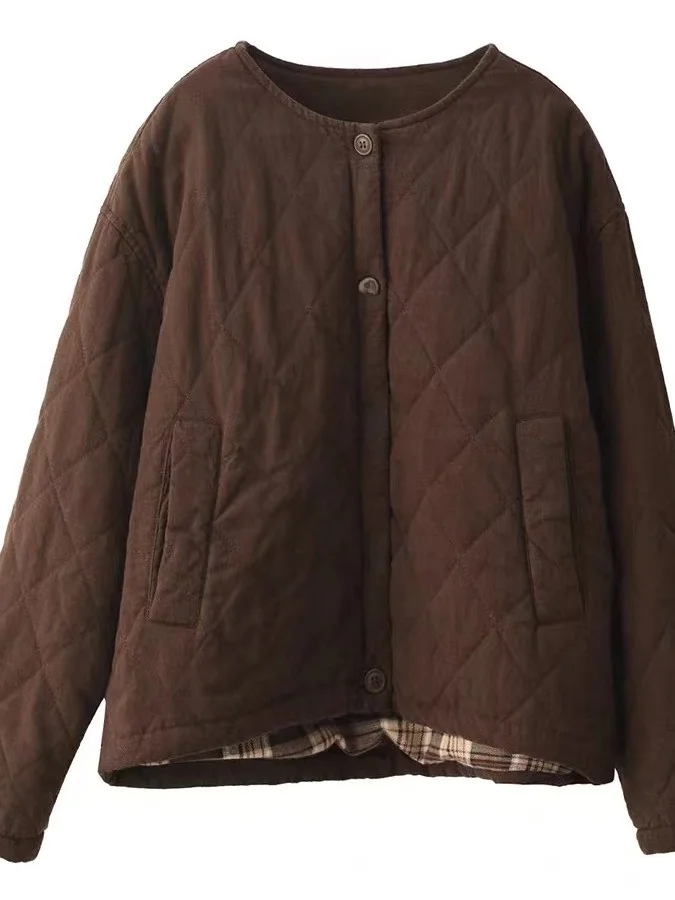 Thiened ريترو الشتاء ملابس خارجية المرأة معطف غير رسمي اللون محبوك منقوشة القطن شغل لا علامة جولة Ne زر واحد